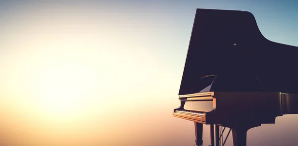 Grand Piano Keyboard Pada Latar Belakang Matahari Terbenam Langit Musik — Stok Foto