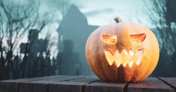 Abóbora Halloween Brilhando Cemitério Gótico Jack Lanterna Assustador Rosto Esculpido — Fotografia de Stock