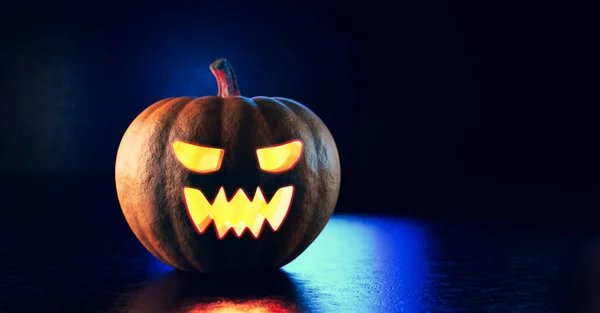 Calabaza Halloween Brillando Jack Linterna Cara Tallada Miedo —  Fotos de Stock