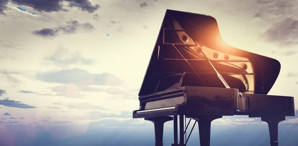 Klasik Grand Piano Pada Latar Belakang Matahari Terbenam Langit Musik — Stok Foto