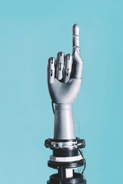 Robotic Hand Retro Framtida Stil Pekar Finger Blå Bakgrund — Stockfoto