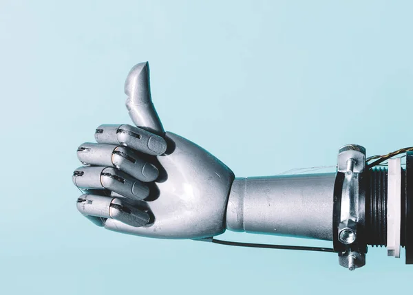 Robotic Hand Retro Toekomstige Stijl Oke Gebaar Blauwe Achtergrond — Stockfoto