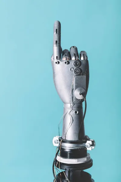 Robotic Hand Retro Toekomstige Stijl Wijzende Vinger Blauwe Achtergrond — Stockfoto
