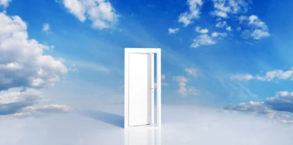 Puerta Abierta Cielo Azul Con Nubes Esponjosas Esperanza Nueva Vida — Foto de Stock