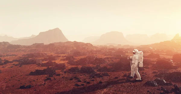 Astronauta Haciendo Caminata Espacial Explorando Planeta Distante Como Marte Renderizado —  Fotos de Stock