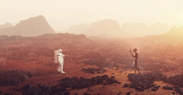 宇航员在火星这样的星球上遇到了一个外星人 3D渲染 — 图库照片