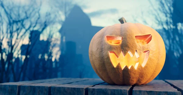 Calabaza Halloween Brillando Cementerio Gótico Jack Linterna Cara Tallada Miedo —  Fotos de Stock