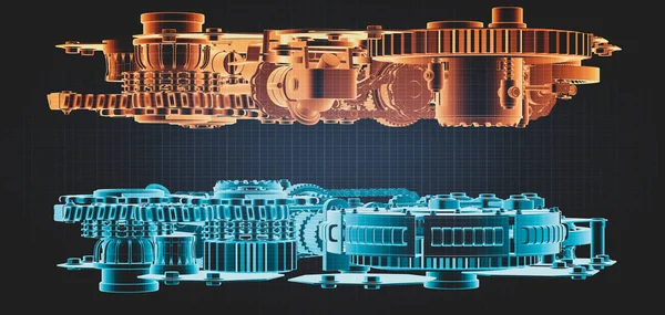 Σχέδιο Σχεδίου Του Σχεδιασμού Του Κινητήρα Εργαλεία Και Γρανάζια Μηχανισμό — Φωτογραφία Αρχείου