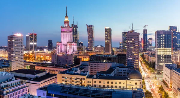 Warszawa Polska Panorama Centrum Miasta Nocy — Zdjęcie stockowe