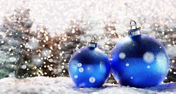 在冬天的风景中 雪地上闪烁着蓝色的圣诞球 3D插图 — 图库照片
