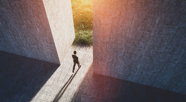 Empresário Caminhando Para Abrir Grande Portão Para Novo Mundo Verde — Fotografia de Stock