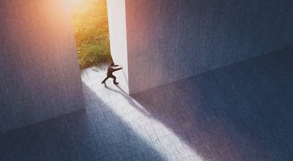 Zakenman Duwt Grote Muur Nieuwe Betere Groene Wereld Onthullen Concept — Stockfoto