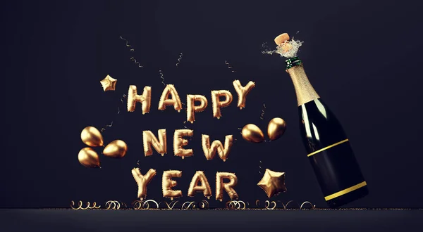 Champagne Bottle Explosion Happy New Year Balloon Wishes Black — Stock Photo, Image