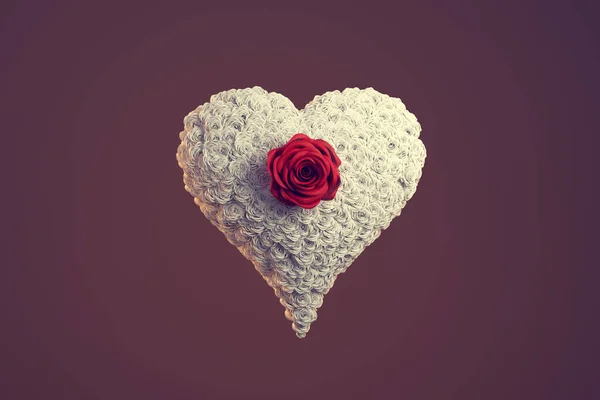 中央に赤1個の白バラの花から心 バレンタインデーのテーマ 3Dイラスト — ストック写真
