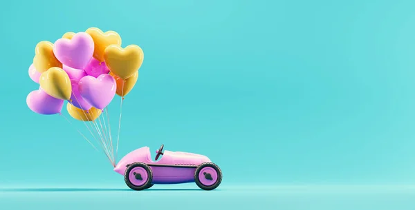 ハートバルーンおもちゃの車にタイ バレンタインデーとグリーティングカードが大好きです 3Dレンダリング — ストック写真
