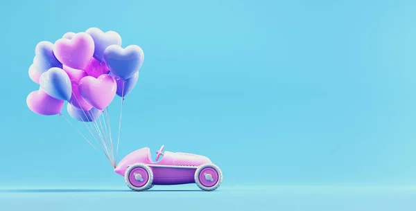 Herzballons Spielzeugauto Gebunden Valentinstag Und Liebe Grußkarte Renderer — Stockfoto