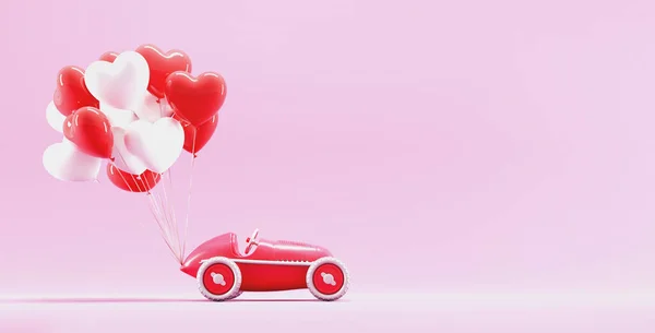 ハートバルーンおもちゃの車にタイ バレンタインデーとグリーティングカードが大好きです 3Dレンダリング — ストック写真