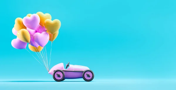 心脏气球绑在玩具车上 情人节和爱贺卡 3D渲染 — 图库照片
