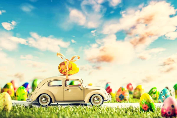 Retro Toy Car Painted Eggs Grass Holiday Theme — Stock Photo, Image