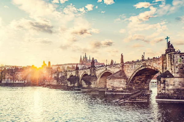 Pont Charles Prague République Tchèque Coucher Soleil Vue Vers Hradcany — Photo