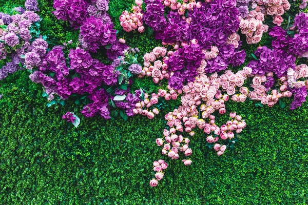 Λουλούδια Ροζ Τριαντάφυλλα Πράσινο Φόντο Τοίχο Τριφύλλι Σύνθεση Λουλουδιού — Φωτογραφία Αρχείου