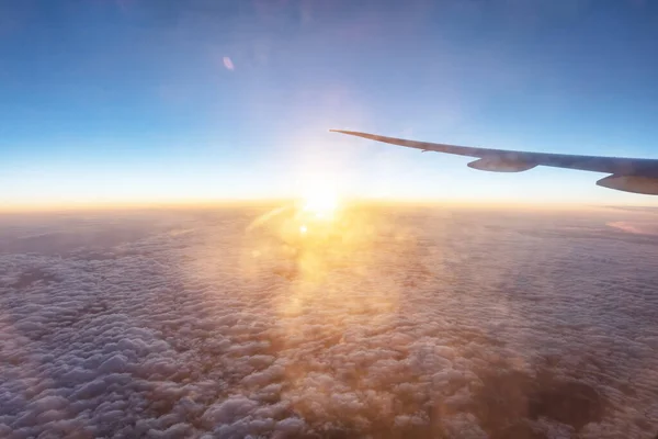 Airplane Wing Sunset Cloudy Sky Travel Concept — Stockfoto