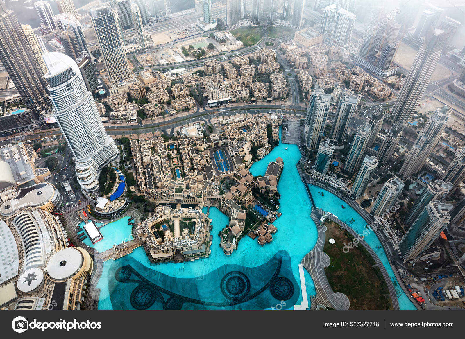 Dubai Uae Aerial Rooftop View Burj Khalifa Famous Fountain Downtown