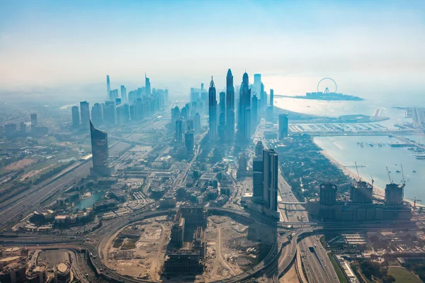 Dubai Aerial View Marina Skyscrapers Jumeirah Beach Sunset Helicopter View — Fotografia de Stock