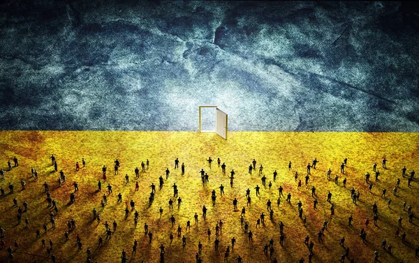 Люди Українському Прапорі Ходять Відчинених Дверей Українське Суспільство Разом Концепція — стокове фото