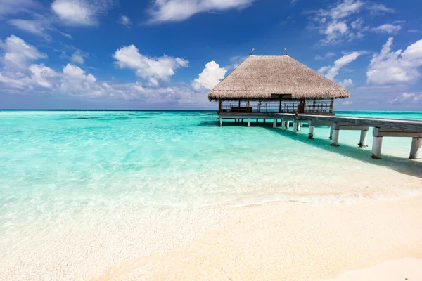 Stranden Maldiverna Med Träbrygga Och Litet Skjul Exotiskt Semestermål — Stockfoto