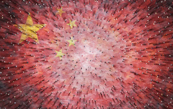 在中国国旗上的人群 中国社会在一起 3D插图 — 图库照片