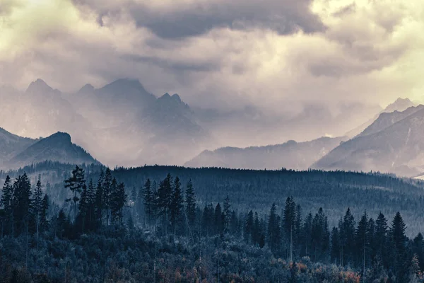 Wysokie Szczyty Gór Chmurach Mgle Tatry Polska — Zdjęcie stockowe