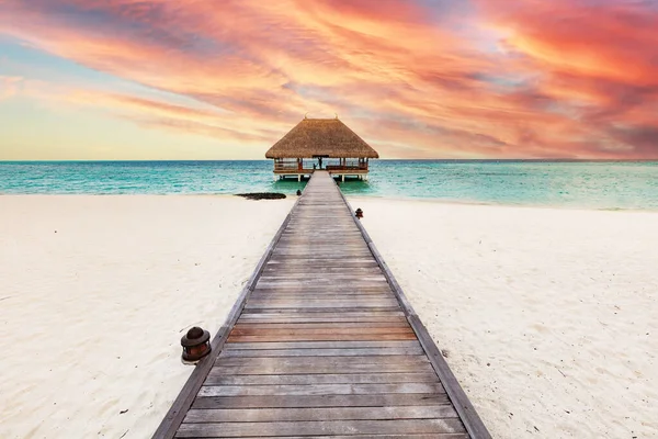 Plage Aux Maldives Coucher Soleil Jetée Bois Petit Hangar Destination — Photo