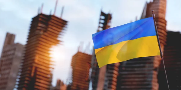 Ukrainische Flagge Auf Der Ruine Der Stadt Die Ukraine Verteidigt — Stockfoto