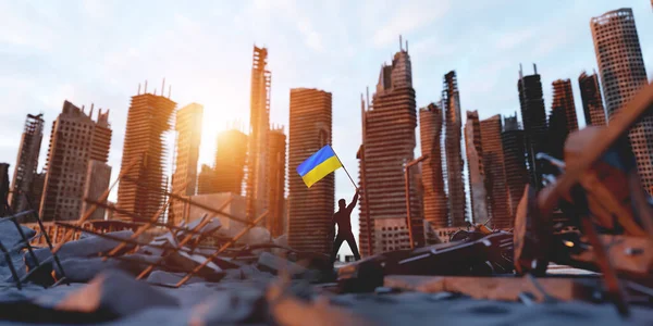 Człowiek Ukraińską Flagą Ruinie Miasta Ukraińskie Zwycięstwo Przeciwko Rosyjskiej Agresji — Zdjęcie stockowe