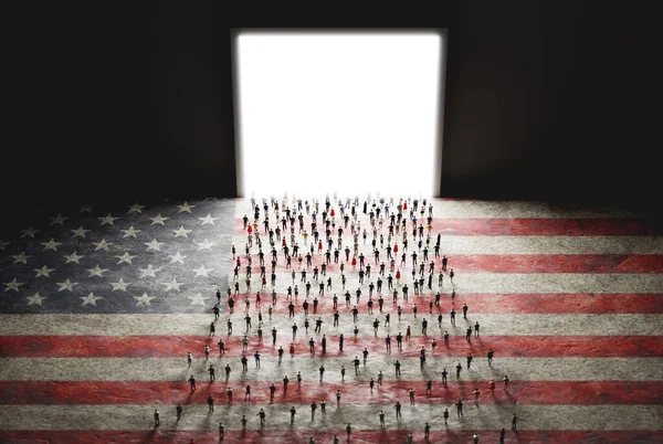 People on USA flag walking to open light gate. American society together. 3D illustration