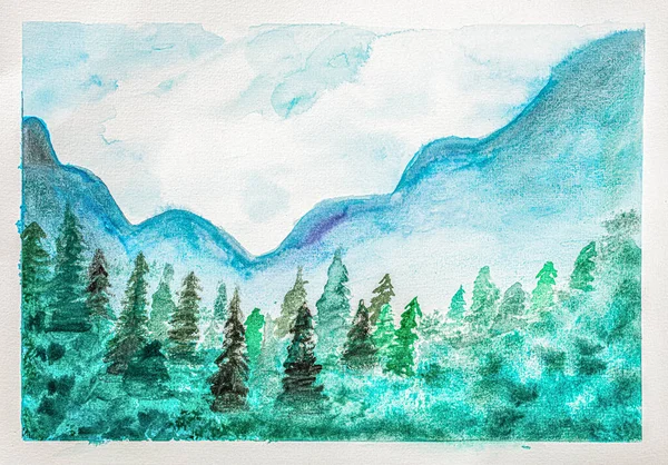 Watercolor Picture Forest Mountains Landscape Handpainted — ストック写真