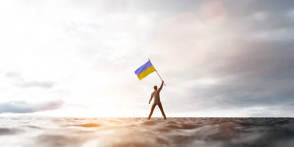 Man Ukraine Flag Abandoned Wasteland Ukrainian Victory Russian Aggression Illustration — Stockfoto