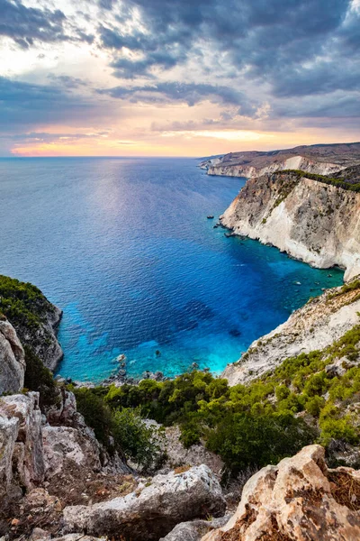 Zakynthos Greece Penhascos Keri Mar Jonian Por Sol Marco Famoso — Fotografia de Stock