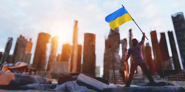 Hombre Con Bandera Ucrania Ruina Ciudad Victoria Ucraniana Contra Agresión — Foto de Stock