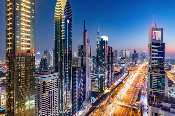 Skyscrapers City Highrise Business Buildings Downtown Dubai Uae Night Futuristic — Fotografia de Stock