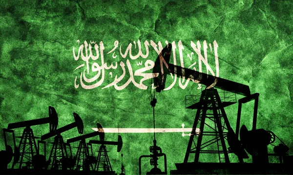 Oil pump jack on flag of Saudi Arabia. Arabian petroleum extraction