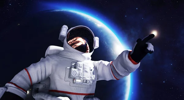 Astronaut Spacewalk Space Planet Pointing His Finger Render — Stock Fotó