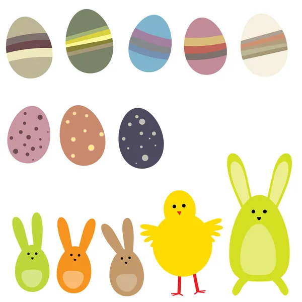 Set of easter eggs and rabbits — Stock Vector