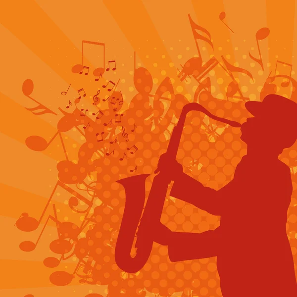 萨克斯管吹奏者与音乐背景 — 图库矢量图片
