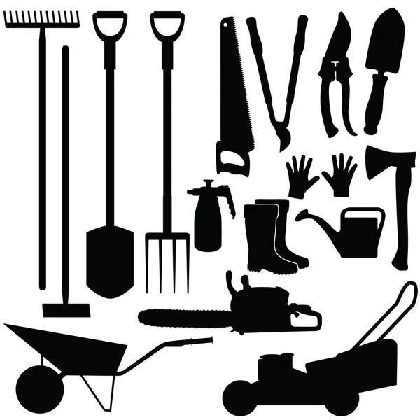 Silhouettes of gardening tools, vector Stock Vector
