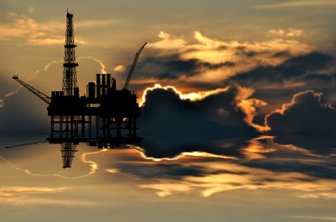 Deniz ve gün batımı arka planda petrol platformu çizimi