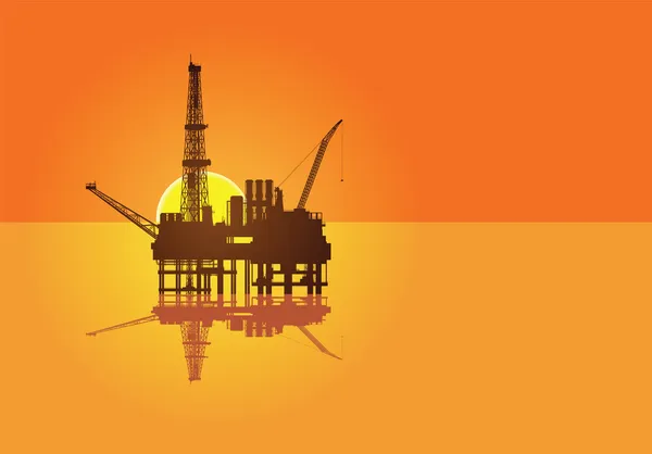 Ilustración de la plataforma petrolífera en el mar y puesta de sol en el fondo — Vector de stock