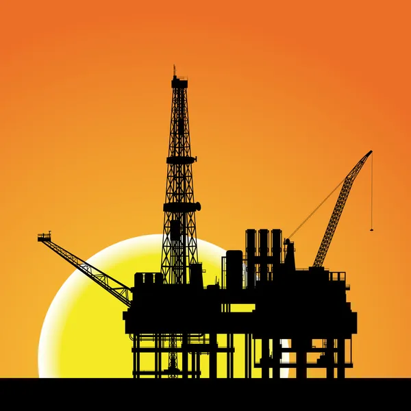 Illustration of oil platform on sea and sunset in background — Stock Vector