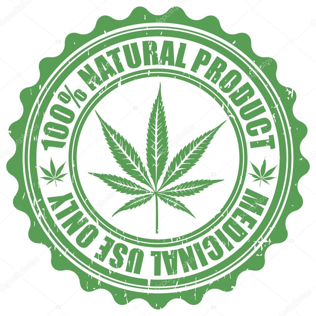 Grunge stamp with marijuana leaf emblem. Cannabis leaf silhouett